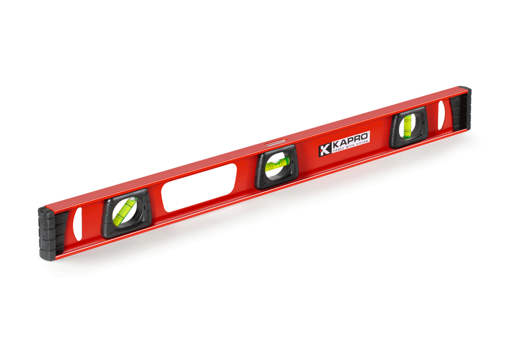 Red Kapro spirit level with three bubble vials and handles